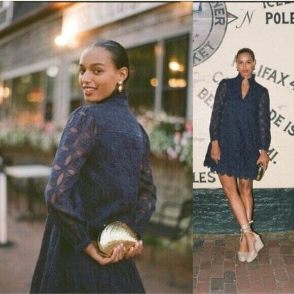 Tuckernuck NEW Navy Organza Lace Formal Palmerston Long Sleeve Mini Dress S - Picture 4 of 12